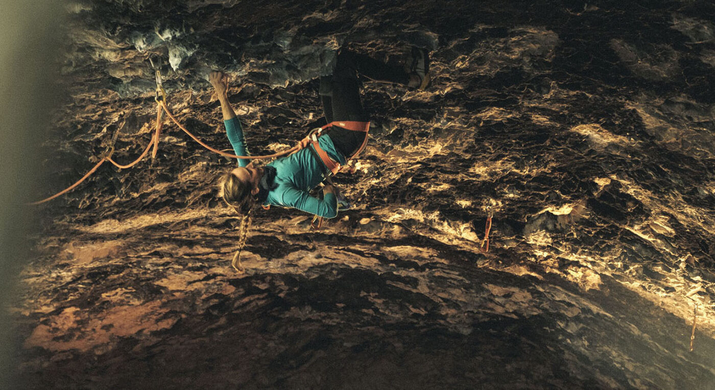 Climber Alizée Dufraisse, Ali Baba Cave, Rodellar, Spain.