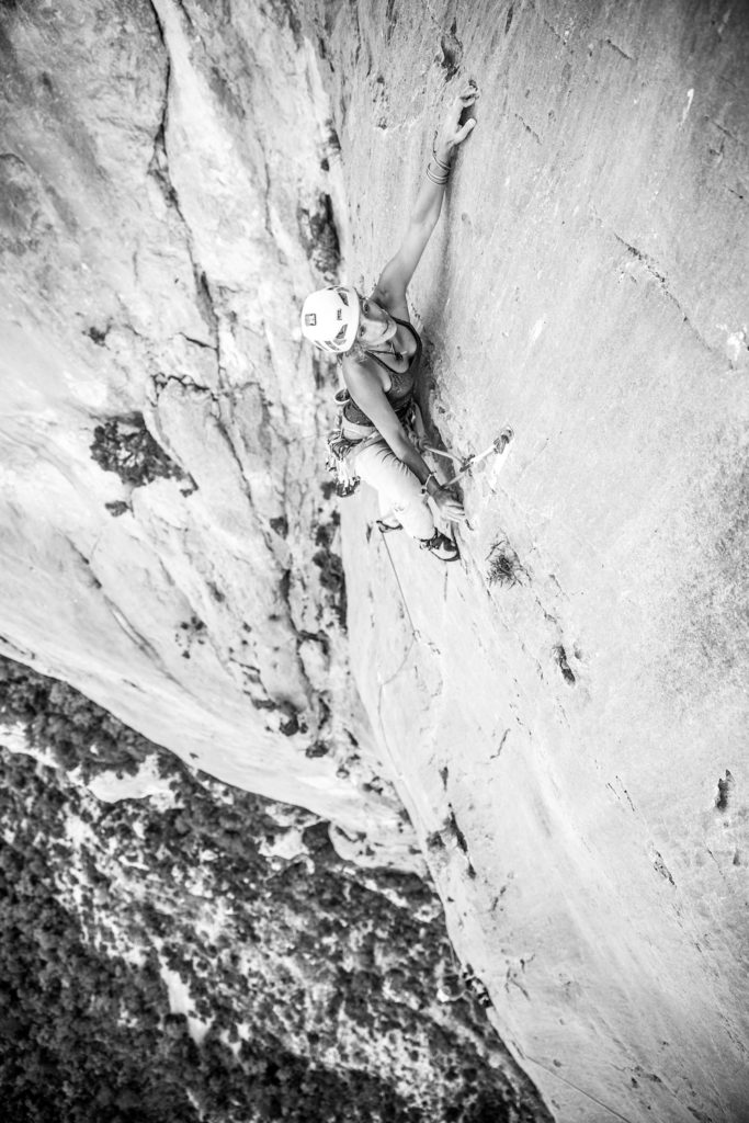 Lise Billon rock climbing in the Verdon Gorge, France.