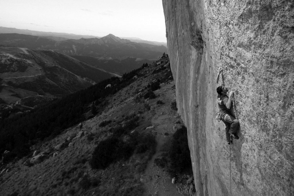 Uri Maraver rock climbing at Céüse, France.