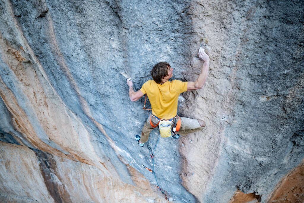 German rock climber Alex Megos on Sleeping Lion, Siurana, Spain.